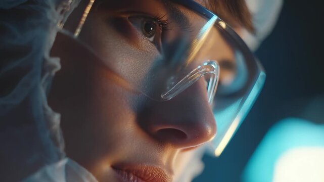 Biolab medicine research, scientist mixing solutions in containment hood, cinematic cold environment glowing under sterile light.