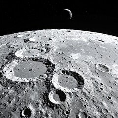 Cratered moonscape, dark sky, distant crescent