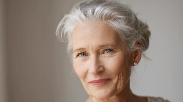 Portrait of a beautiful mature woman showing natural aging and skin care.