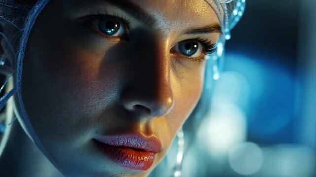 Biolab medicine research, scientist mixing solutions in containment hood, cinematic cold environment glowing under sterile light.