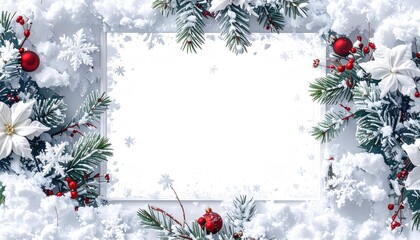 Snowy winter frame with ornaments and floral accents