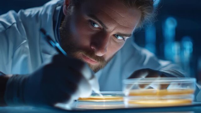 Biological culture analysis, scientist recording colony data on tablet, glowing transparent petri dish, cinematic mood of focus.
