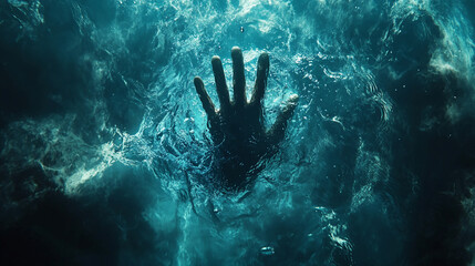 Dramatic hand reaching out from deep teal water, conveying struggle, drowning, or rescue, creating a powerful visual metaphor for hope or despair in turbulent times