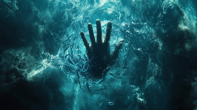 Dramatic hand reaching out from deep teal water, conveying struggle, drowning, or rescue, creating a powerful visual metaphor for hope or despair in turbulent times