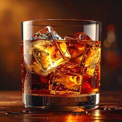 Drink in glass, filled with ice on a glossy table