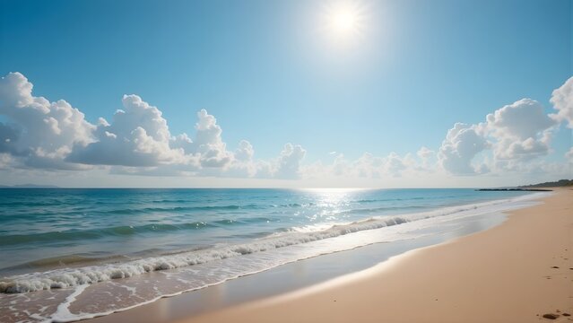 Sunny Tropical Beach with White Sand, Clear Turquoise Ocean, and Fluffy Clouds