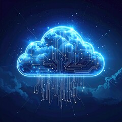 Digital cloud of circuits floats in a starry night