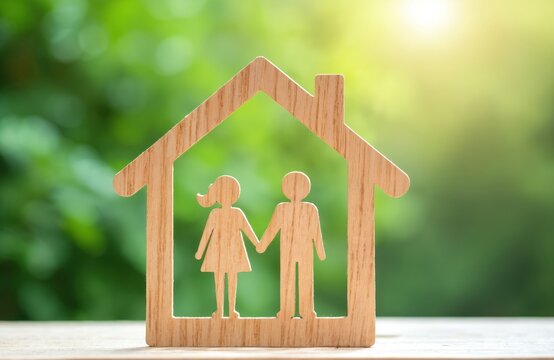 Wooden house silhouette with couple figures inside. Symbol of home ownership family security and retirement planning. Green blurred background with sunlight.