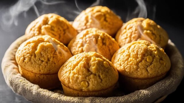 A rustic cloth-lined basket filled with freshly baked, golden brown cornbread muffins with steam rising from them.