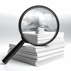 Mountain view through magnifier on paper stacks