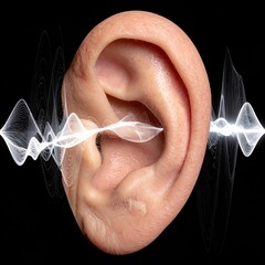Human ear receiving sound waves against a dark background