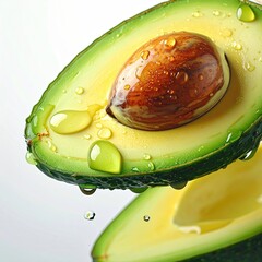 Sliced avocado, pit visible, glistening with water drops