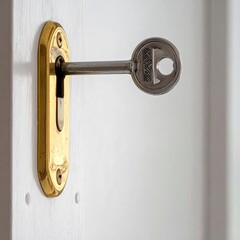 Key inserted into golden lock on white panel