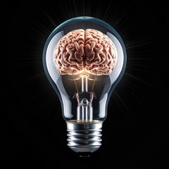 Brain inside bulb, bright idea concept on black background