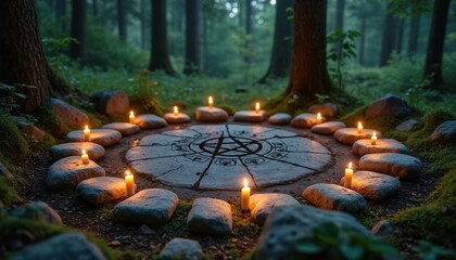 Circle of stones and candles arranged on forest floor around a pentacle symbol. Peaceful ritual setting in nature, evoking mystic spirituality, pagan beliefs, and wiccan practice.