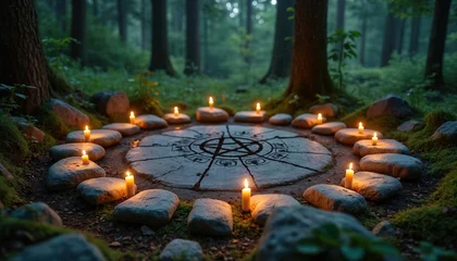 Sierkussen Meisjeskamer Circle of stones and candles arranged on forest floor around a pentacle symbol. Peaceful ritual setting in nature, evoking mystic spirituality, pagan beliefs, and wiccan practice.  © Vadym