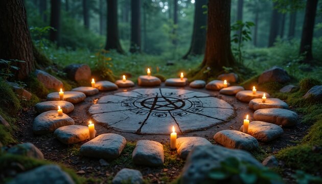 Circle of stones and candles arranged on forest floor around a pentacle symbol. Peaceful ritual setting in nature, evoking mystic spirituality, pagan beliefs, and wiccan practice.