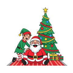 Fototapeta premium Festive christmas cheer: santa and elf enjoying joyful celebration by decorated tree