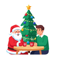 Festive christmas moment with santa claus and a young man enjoying hot beverages near a decorated