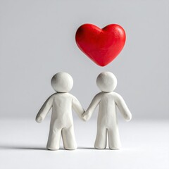 Clay figures hold hands under a red heart