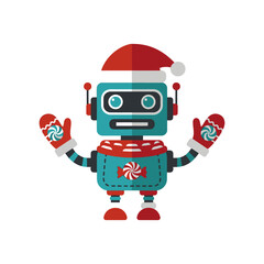 Festive holiday robot automaton with christmas hat and mittens in vector format cheerful