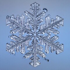 Detailed, symmetrical snowflake against a blue gradient