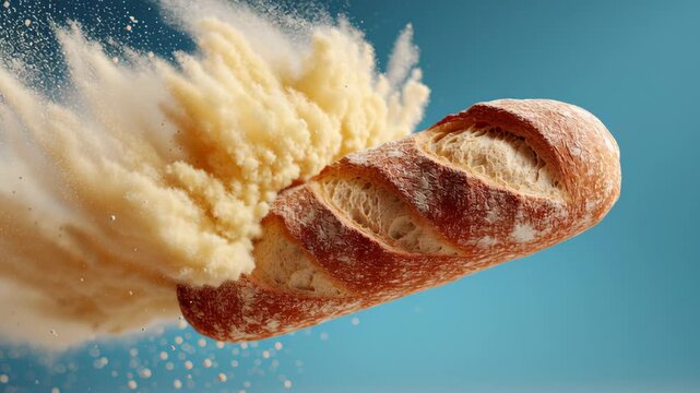 Close up of a piece of bread with a lot of flour on it. The bread is flying through the air, and the flour is creating a cloud around it. Concept of motion and energy