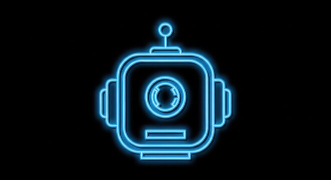 Glowing blue neon robot head icon on black background