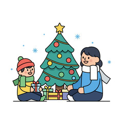 Warm Christmas moments shared by a mother and child in front of a decorated festive tree
