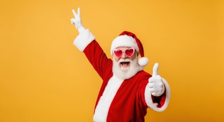 Joyful santa claus with heart sunglasses and thumbs up