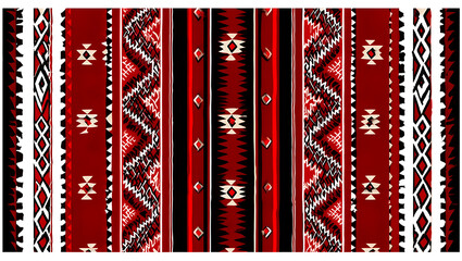 A traditional red sadu woven rug with intricate geometric patterns in white and black.