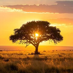 African savanna sunset. Tree silhouette against golden light