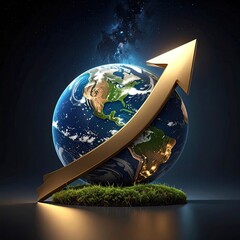 Earth with golden upward arrow on grass, cosmic background