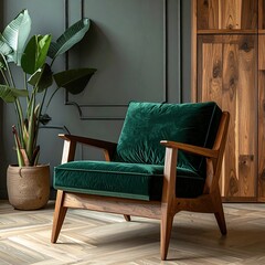 Green velvet chair, wood frame, against green wall