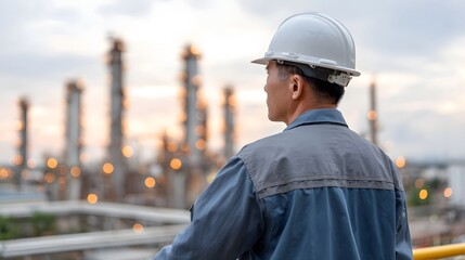 An engineer in a hard hat looks at an industrial refinery complex at dusk