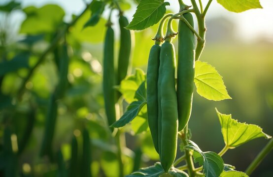 Green cluster beans grow on plant stems in field. Young gawar pods hang down, sun shines through leaves. Fresh natural vegetable harvest ready.