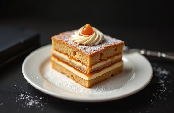 Layered caramel cake with cream topping sits on a white plate. This sweet dessert features flaky pastry and rich filling, perfect for any bakery menu or cafe.