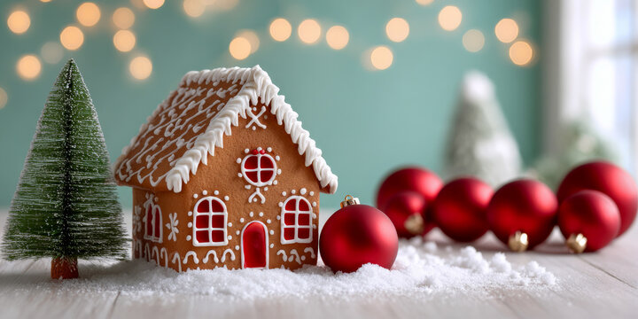 decorated gingerbread house, miniature green Christmas tree, a line of shiny red baubles, soft mint green background with bokeh lights - Powered by Adobe