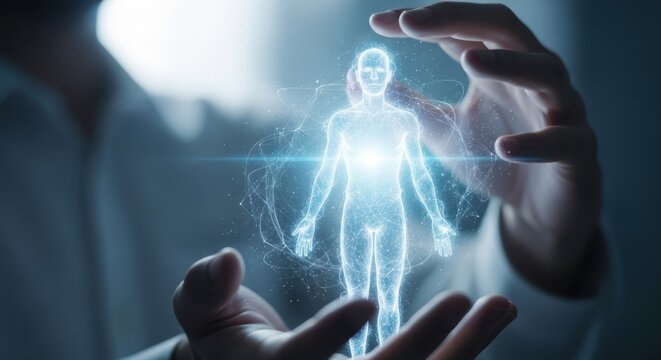 Hands holding a glowing human hologram in futuristic technology - Powered by Adobe