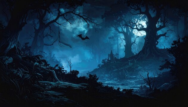Moody moonlit forest. Castle ruin on rise. Bat overhead - Powered by Adobe