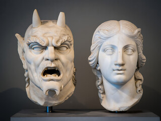 A side-by-side comparison of two classical busts, one of a horned demon and the other a serene human face.