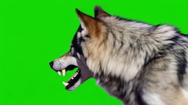 Close up of a snarling wolf with sharp teeth on a green screen background looking aggressive green screen wolf video