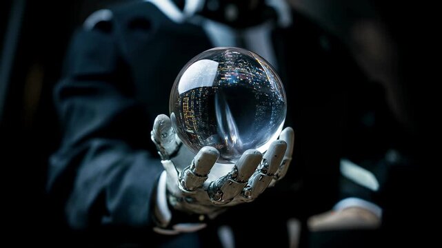 Robot hand presents a crystal sphere reflecting skyscrapers, fusing human-machine elegance and visionary tech with sleek editorial polish.