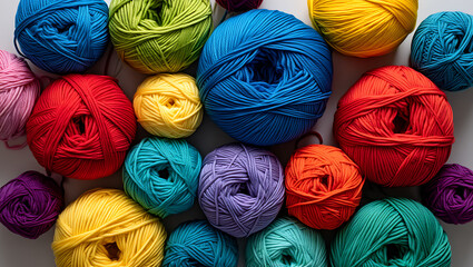 A vibrant, top-down flat lay of colorful yarn balls arranged in a beautiful, textured composition.