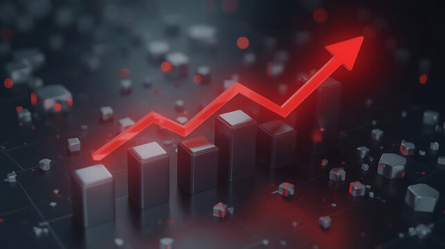 Financial Growth: Red Arrow Rising Over Abstract Bar Chart - Powered by Adobe
