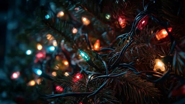 Weihnachtsbaum mit bunten Lichtern in der Dunkelheit festlich dekoriert.