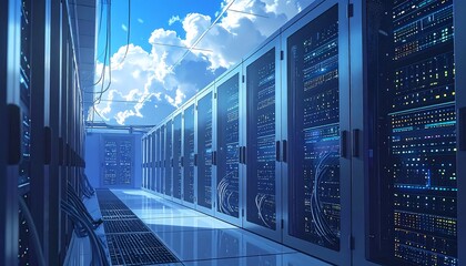 Digital server room with rows of racks, wires, and panels bathed in blue light and a cloudy sky visible