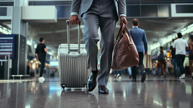Crowd of business travelers walking through airport terminal, cinematic corporate lifestyle scene symbolizing travel, career, success, and professional branding.