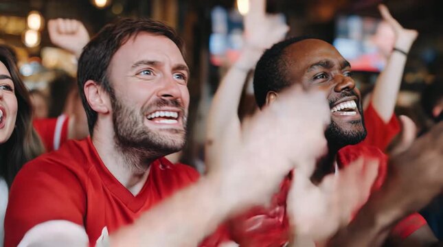 Group of football supporters cheering loudly in bar, intense sports atmosphere, joy, energy, and unity for lifestyle, competition, and passionate sports branding.