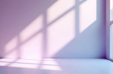 Empty room with pastel violet walls bathed in soft window light. Geometric shadow patterns from a window create a serene atmosphere. Clean, minimalist studio space for product displays or beauty.